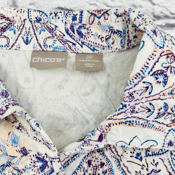 Chico's Sateen Button Down Shirt Jacket 2/12 Petite White Blue Paisley Print - Picture 3 of 9